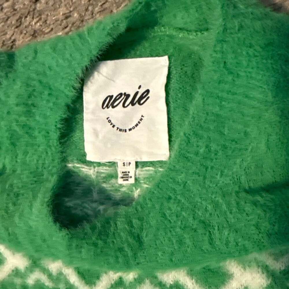 Aerie Flurry Crewneck Sweater Size S Green Fair Isle